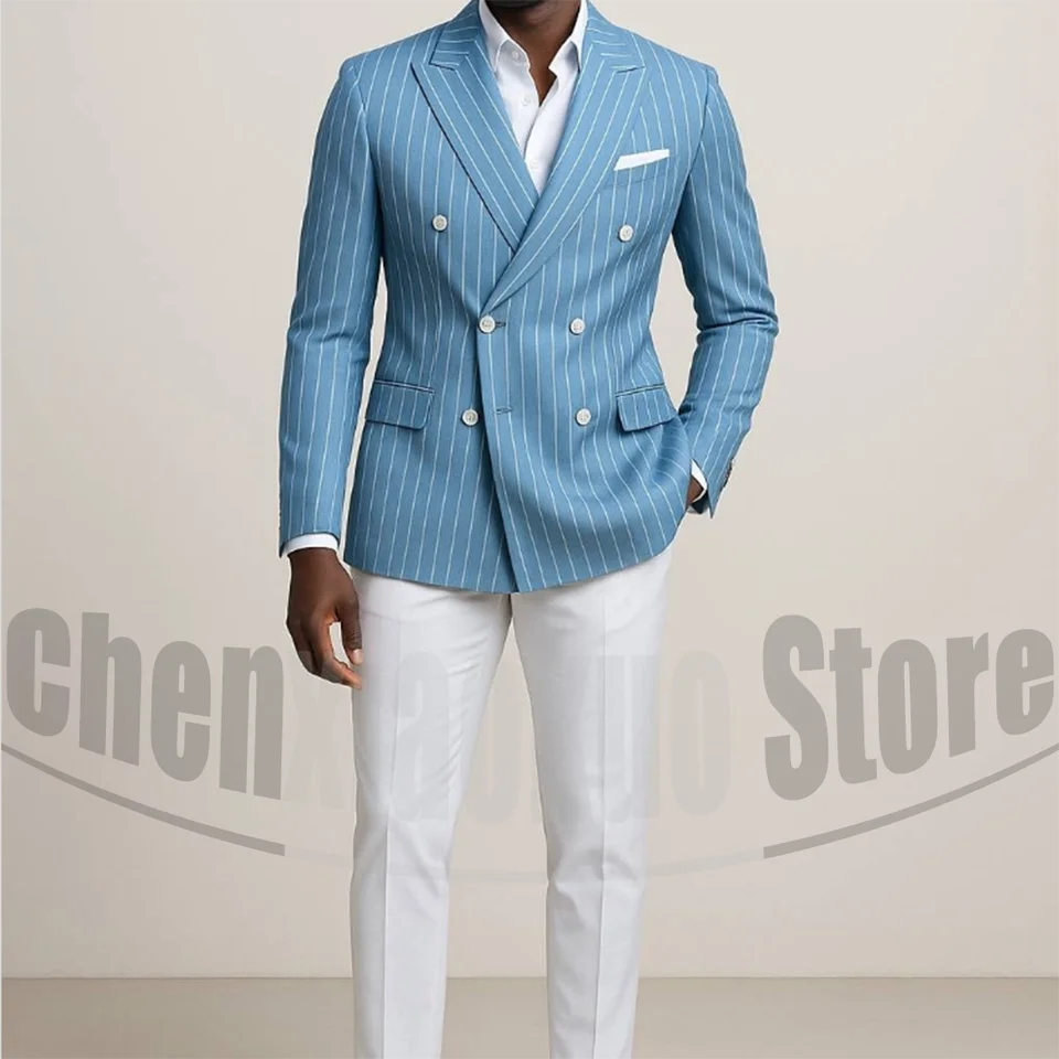 Men's Double Breasted Suit with Pinstripes Fashion Tailored Fit Formal Outfits for Business Casual Party Chic Male Suit 2 Piece - Image 2