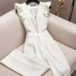 Summer Oversized Luxury Temperament Jumpsuit Women Summer Fashion Ruffles Sleeveless Elegant White Bodysuit Solid with Belt