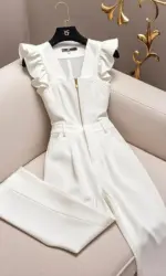 Summer Oversized Luxury Temperament Jumpsuit Women Summer Fashion Ruffles Sleeveless Elegant White Bodysuit Solid with Belt
