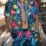 Men's New Hawaiian Short-Sleeved Shirt Shorts Set Summer Daily Travel Shirt Beach Casual Drawstring Shorts Jungle Print Set