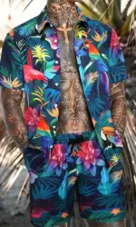 Men's New Hawaiian Short-Sleeved Shirt Shorts Set Summer Daily Travel Shirt Beach Casual Drawstring Shorts Jungle Print Set