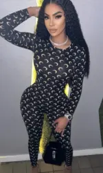 Womens Jumpsuit American Retro Slim Fit Sexy Moon Print Long Sleeve Round Neck Tight Fitting Leggings Versatile Autumn