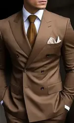 High Quality Brown Men's Suits Double Breasted Bespoke Double Breasted Peaked Lapel Formal Blazer Slim Fit 2 Piece Jacket Pants