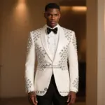 Glitter Jewelry Ornament Tuxedo Men Suit Customized Slim Fit Wedding Groom Blazers 2 Pieces Sets High End rajes para hombre