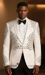 Glitter Jewelry Ornament Tuxedo Men Suit Customized Slim Fit Wedding Groom Blazers 2 Pieces Sets High End rajes para hombre