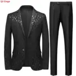 Men's Black Two-piece Suit, A Stylish, Figure-flattering Jacket Paired with Pants, Available in Red Blue Khaki White.
