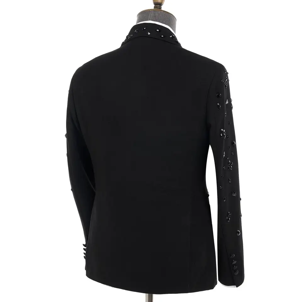 Luxury Gold Crystal 2 Pieces Men's Suits Double Breasted Black Suits Tuxedo Blazer for Wedding Groom Business Dinner Party Suits - Image 3