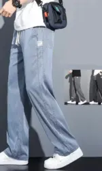 2025 New Summer Soft Lyocell Fabric Men's Jeans Thin Loose Straight Pants Drawstring Elastic Waist Korea Casual Trousers