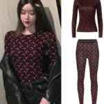 Autumn Two Piece Set New Womens American Retro Sweet Sexy Casual Set Moon Print Ice Silk Top Long Sleeve Pants