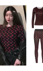 Autumn Two Piece Set New Womens American Retro Sweet Sexy Casual Set Moon Print Ice Silk Top Long Sleeve Pants