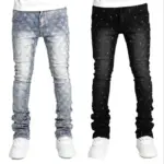 Men's denim fashion personality straight leg men's pants European and American fashion Instagram hot item elastic pearl denim la