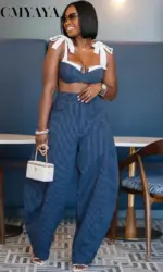 GLCMYAYA Street Women Set Striped Strapless Bow Crop Top and Long Pants 2026 Spring Party Vacation Sexy Two 2 Piece Set Outfits