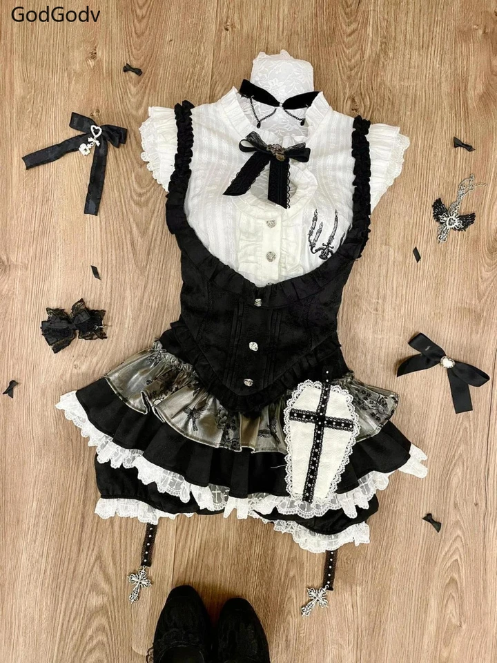 Summer Sweet Preppy Style 2 Piece Sets Women Y2k Kawaii Lolita Design Tops + High Waist Chic Skirt Female Princess Retro Outfits - Image 6