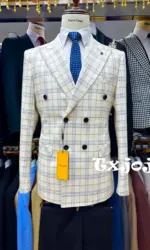 Classic Handsome Plaid Suit Set 2 Pieces For Men Business Outfit Double Breasted Men's Slim Fit Suits Wedding Groom Sets