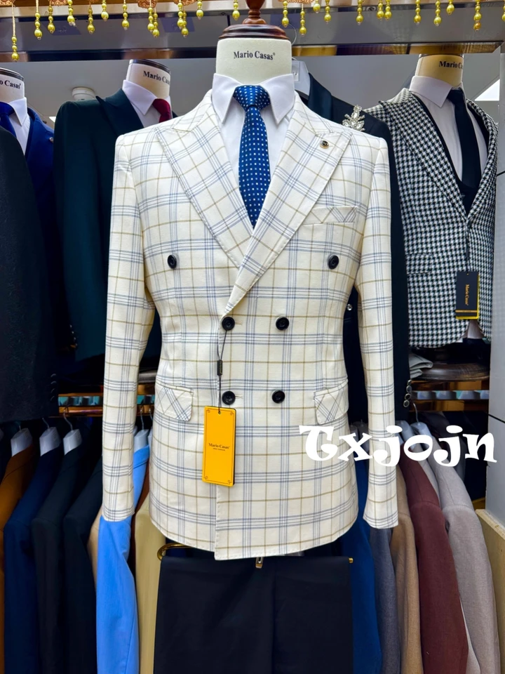Classic Handsome Plaid Suit Set 2 Pieces For Men Business Outfit Double Breasted Men's Slim Fit Suits Wedding Groom Sets