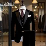 Men's Black Velvet 3-piece Tuxedo Suit With Satin Lapel Groom Wedding Attire Formal Dinner Prom Banquet Blazer Vest Pants Set