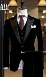 Men's Black Velvet 3-piece Tuxedo Suit With Satin Lapel Groom Wedding Attire Formal Dinner Prom Banquet Blazer Vest Pants Set