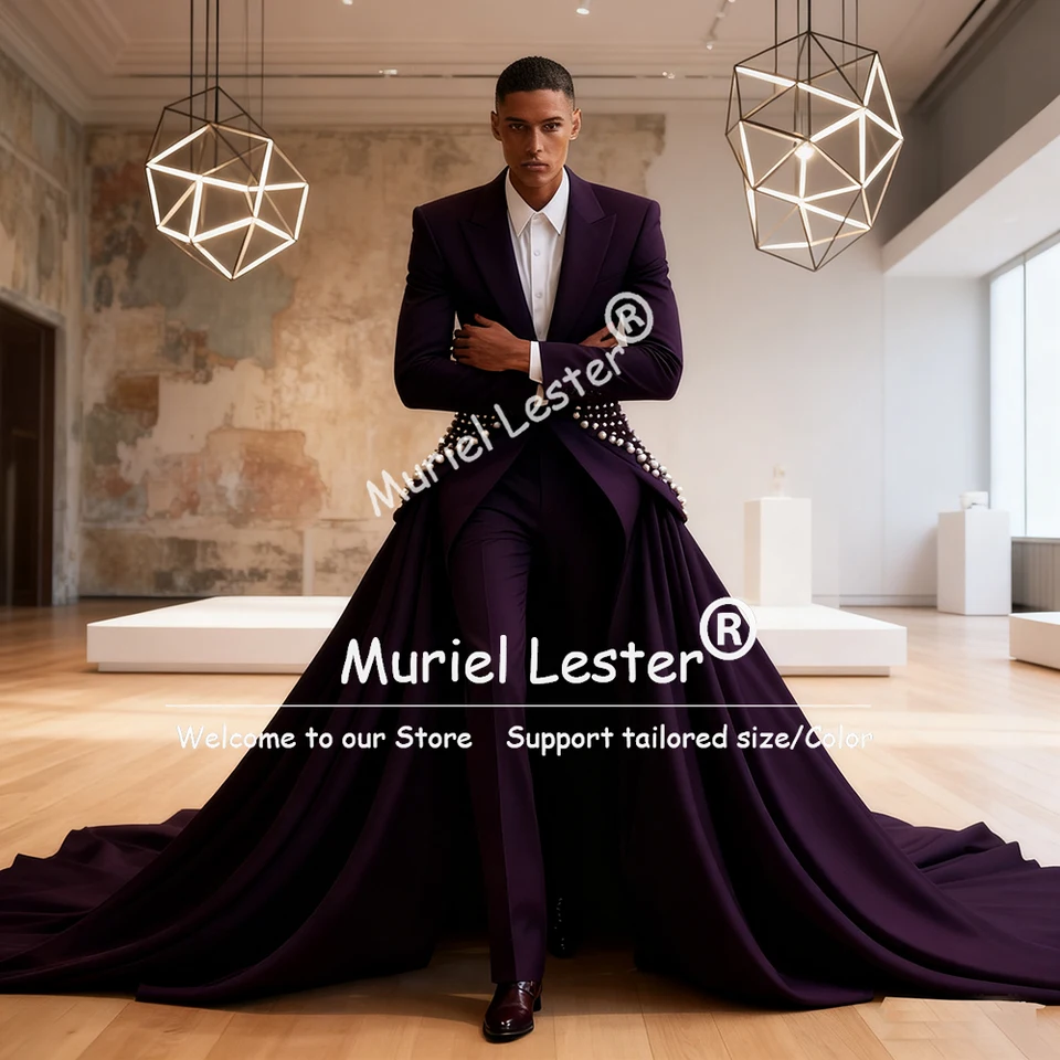 Luxury Pearls Wedding Suits For Men Slim Fit Single Breasted Blazer With Long Train Customized Costume Homme Groom Tuxedos 3Pcs - Image 2