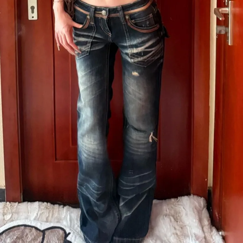 American Vintage Low Waist Heavy Work Waed Women's Jeans Summer Street Y2K Spicy Scratch Micro Flared Pants Blue Long Trousers - Image 6
