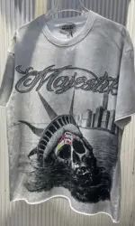 Streetwear Washed White Rhinestone MAJESTIK T Shirt Men Woman Good Quality Vintage Fashion New Cotton Short Sleeve Tee