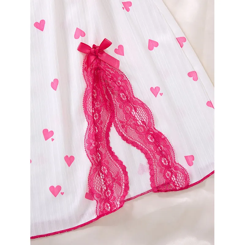 1 Set Of V-neck Women's Lingerie Sexy Suit Soft Bra Nightgown With Thong Intimates Underwear Heart Print Bras Briefs Night Dress - Image 5