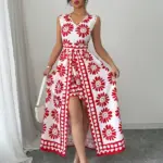 Women's spring and summer beach vacation style casual and elegant contrasting color all-over retro print sleeveless jumpsuit