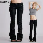 REDDACHiC Women Tight Low Rise Jeans Biker Moto Zipper Cuffs Stretchy Black Split Straight Denim Pants Rokku Gyaru Streetwear