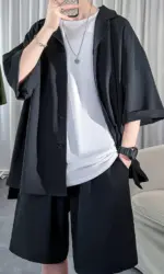 Korean Style Men's Set Shirt+Shorts Solid Short Sleeve Top Matching Bottoms Summer Fashion Oversized Clothing Men