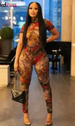 Weird Puss See Through Jumpsuit Women Backless Dragon Print Short Sleeve Fitness Activity Workout Overalls Slim Stretch Clubwear
