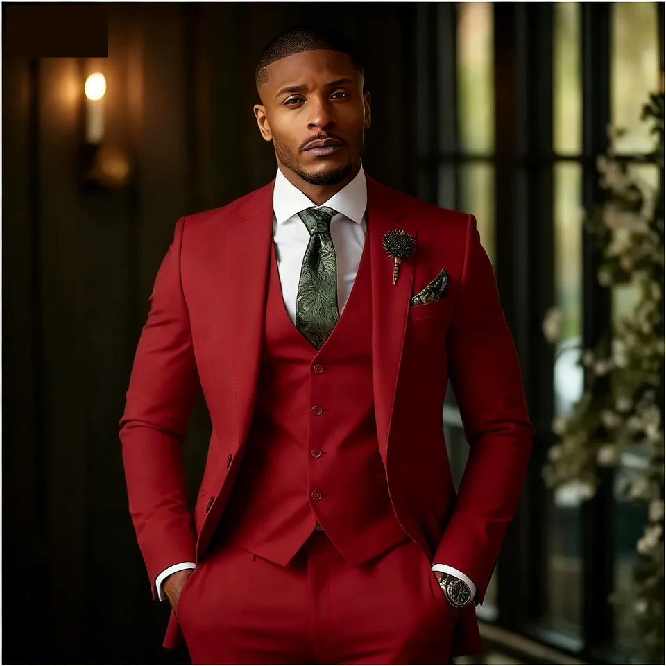 Green Emerald 3-Piece Men's Formal Tuxedo Elegant Jacket with Notched Lapel + Vest + Pants Wedding Groomsmen Smoking Suit - Image 5