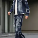 Men's spring and autumn denim suit, multi - pocket design, wide straight - leg pants style