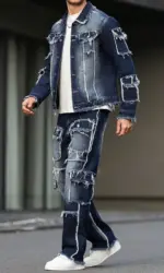 Men's spring and autumn denim suit, multi - pocket design, wide straight - leg pants style