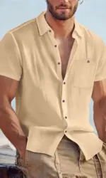 Men's Casual Linen Blend Shirt Short Sleeve Turn Down Collar Button Up Lightweight Breathable Beach Tunic Tops