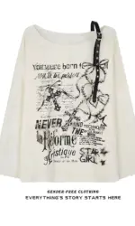 Vintage Y2K Oversize Off shoulder T shirt With Print Women Ripped Top Hole Long sleeve Baggy Basic T shirt Pulovers Ladies Tops