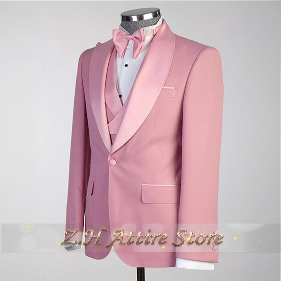 Elegant pink men's 3pcs suit spliced satin lapel jacket vest pants custom-made set for wedding groom cocktail birthday party - Image 3