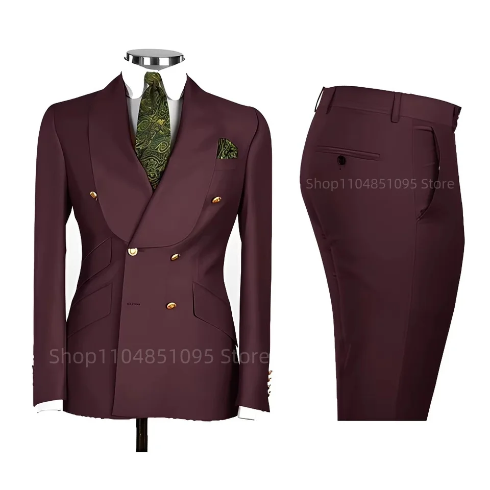 2 PCS Men's Smart Casual Solid Formal Tuxedo Suits with Shawl Lapel Double Breasted Jacket And Pants for Business And Wedding - Image 4