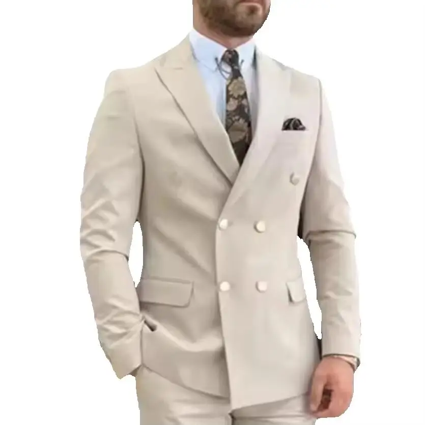New Beige Men Suits Double Breasted Peaked Lapel Casual Wedding Party Clothing Daily 2 Piece Groom Tuxedo Jacket Pants Set 2026 - Image 4