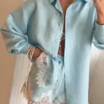 Beach Shirts Shorts Outfits Women Lapel Single Breasted Long Sleeves Lace Patchwork Sets Female 2026 Spring Summer Holiday Sets