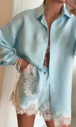 Beach Shirts Shorts Outfits Women Lapel Single Breasted Long Sleeves Lace Patchwork Sets Female 2026 Spring Summer Holiday Sets