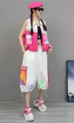 Youthful Fashion Pant Set Women Summer Painted Outfit Graffiti Short Vest + Loose Three-Quarter Wide-Leg Pants ZF2030