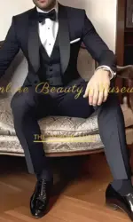 Classic navy blue men's suit 3-piece black shawl lapel jacket vest pants slim fit set for wedding cocktail birthday prom party