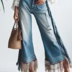 High Quality American Vintage Clothes Raw Edge Design Flared Jeans For Women Patchwork Tassel Ripped Washed Denim Y2k Pants