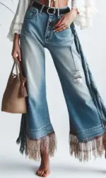 High Quality American Vintage Clothes Raw Edge Design Flared Jeans For Women Patchwork Tassel Ripped Washed Denim Y2k Pants