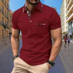 Men's Polo Shirts Short Sleeve Summer Slim Fit Solid Color Lapel Tops with Plaid Collar Trim & Chest Pocket for Daily Business