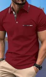 Men's Polo Shirts Short Sleeve Summer Slim Fit Solid Color Lapel Tops with Plaid Collar Trim & Chest Pocket for Daily Business