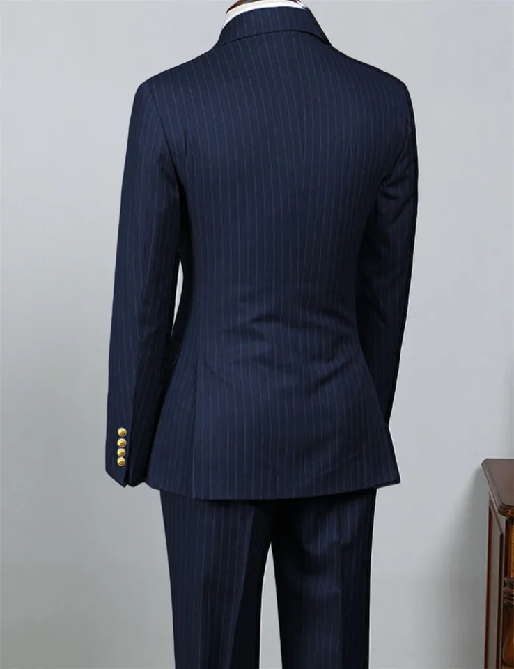 2 Piece Black Striped Men's Suit Set Golden double breasted Lapel Jacket Elastic Pants Wedding Part Prom Dinner Wrok Travel - Image 3