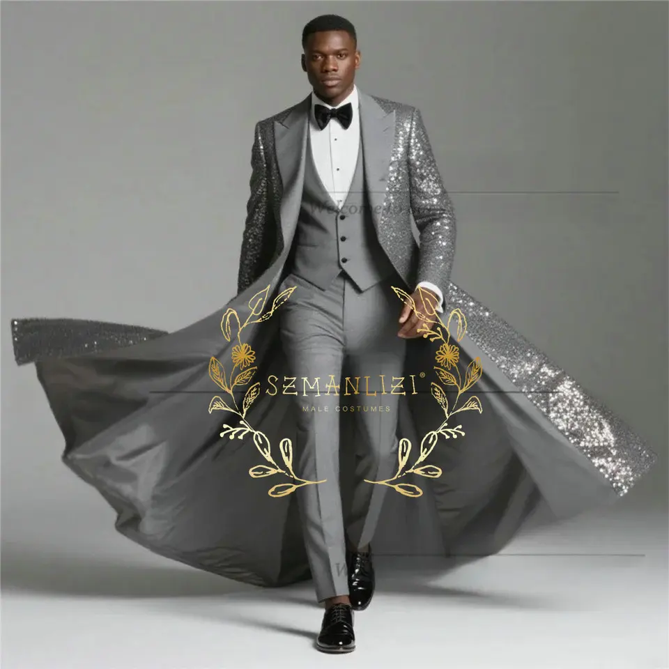 Burgundy Shiny Sequin Suits Men 3 Pieces Sets Single Breasted Groom Long Blazer Costume Homme Wedding Tuxedo Male Clothing - Image 5