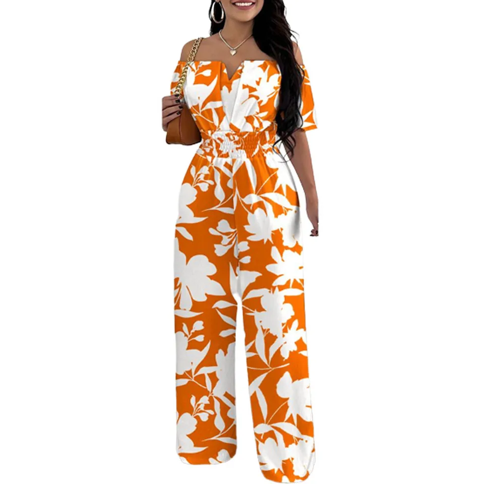 Jumpsuits for Women 2025 Spring Fashion Off Shoulder Casual Plain Short Sleeve Shirred Waist Daily Long Wide Leg Jumpsuit 2025 - Image 3