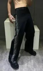 Mens Trousers Y2k Diamond Casual Pants Autumn Streetwear Fashion Campus Performance All-Match Wide-Leg Pants Men'S Clothing 2024