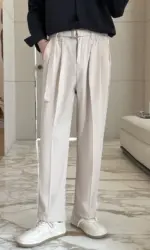 2026 autumn new black straight leg men's casual pants with a hanging feeling, versatile waistband pants, men's loose wide leg tr